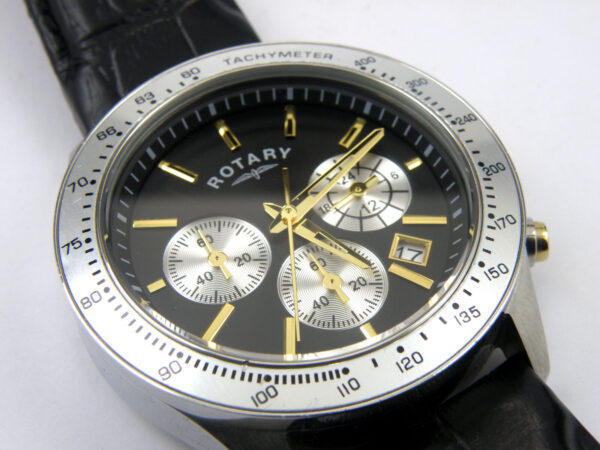Gents Rotary GS03906/04 Round Black Leather Tachymeter Chronograph - 100m